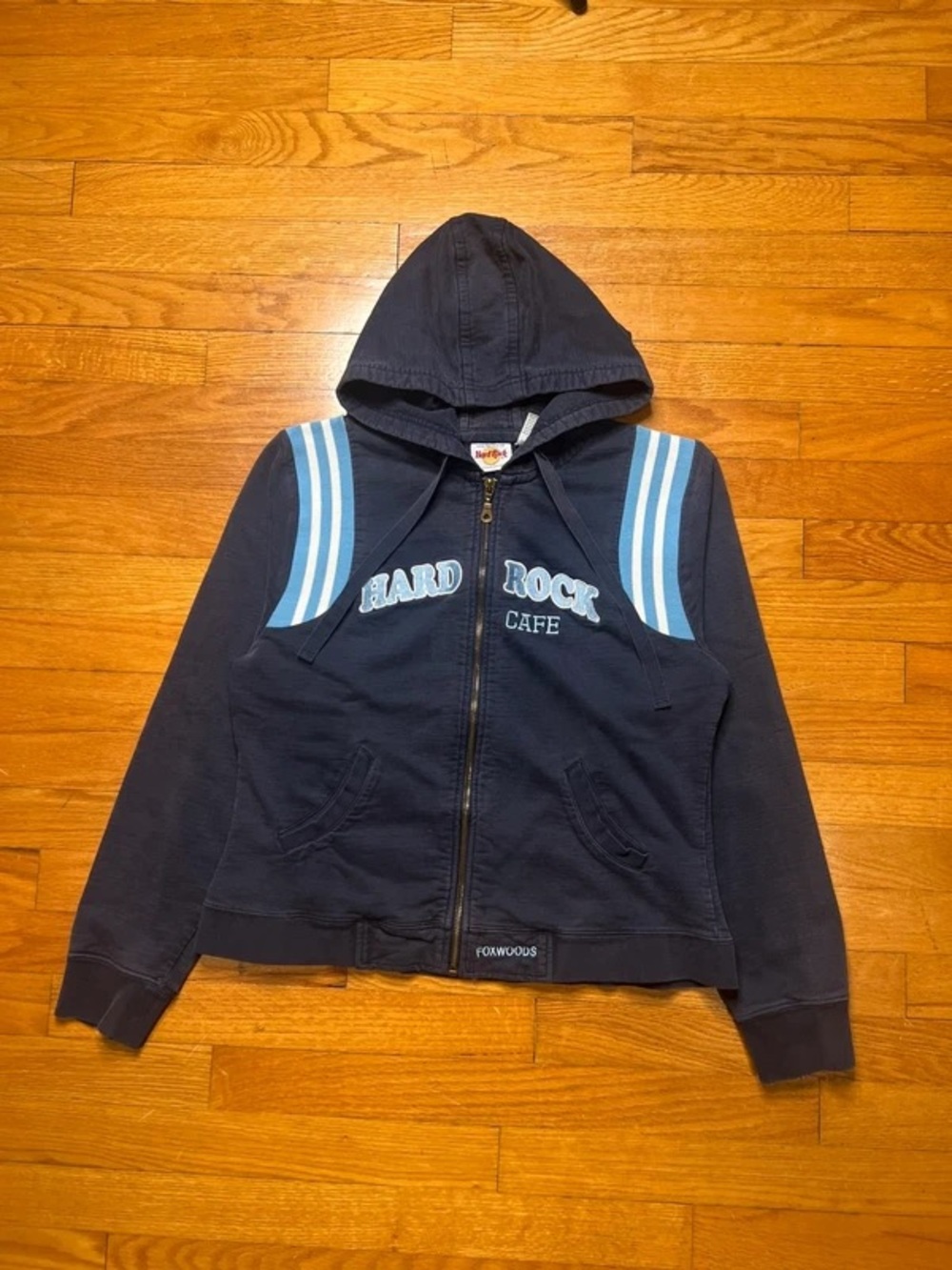 Hard Rock Cafe Kids Navy Zip-Up Hoodie with Light Blue Stripes